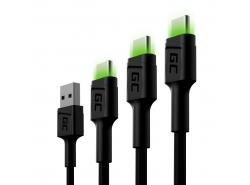 Sæt 3x Green Cell GC Ray USB -kabel - USB -C 30cm, 120cm, 200cm, grøn LED, hurtig opladning Ultra Charge, QC 3.0