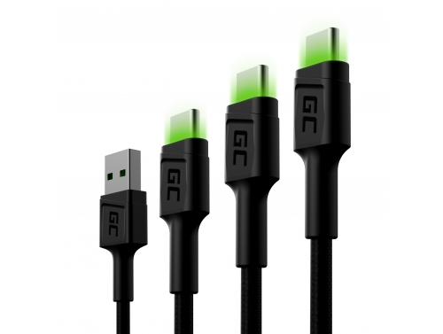 Sæt 3x Kabel USB-C Type C 30cm, 120cm, 200cm LED Green Cell Ray med hurtig opladning, Ultra Charge, Quick Charge 3.0