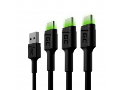 Sæt 3x Green Cell GC Ray USB-C 120 cm kabler med grøn LED-baggrundsbelysning, hurtig opladning Ultra Charge, QC 3.0