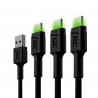 Sæt 3x Kabel USB-C Type C 120cm LED Green Cell Ray med hurtig opladning, Ultra Charge, Quick Charge 3.0