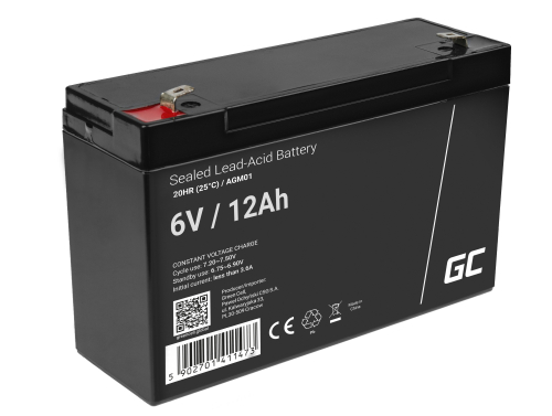 AGM GEL batteri 6V 12Ah blybatteri Green Cell vedligeholdelsesfri til alarmsystemer og legetøj