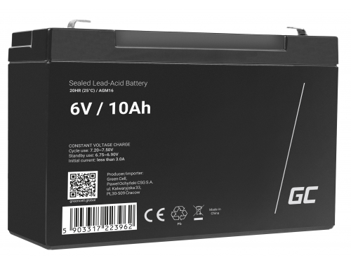 AGM GEL batteri 6V 10Ah blybatteri Green Cell vedligeholdelsesfri til biler og elbiler