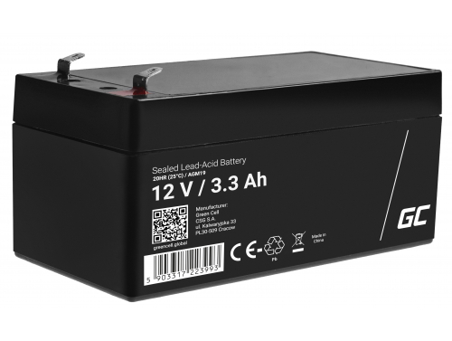 AGM GEL batteri 12V 3,3 Ah blybatteri Green Cell vedligeholdelsesfrit til kasseapparater og tællere