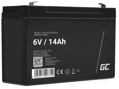 AGM GEL batteri 6V 14Ah blybatteri Green Cell vedligeholdelsesfri til vedligeholdelsesfri til alarm og belysning