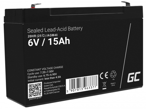AGM GEL batteri 6V 15Ah blybatteri Green Cell vedligeholdelsesfri til alarm og belysning