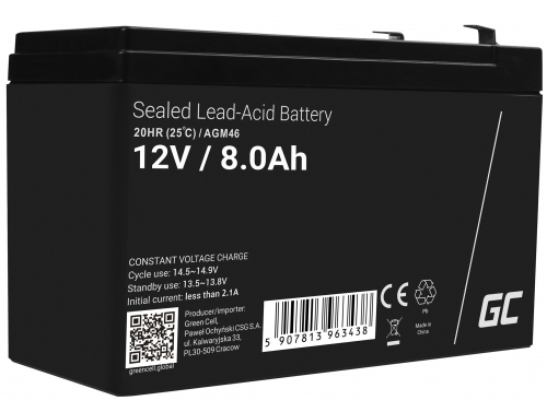 AGM GEL-batteri 12V 8Ah blybatteri Green Cell vedligeholdelsesfrit til UPS og nødsystemer