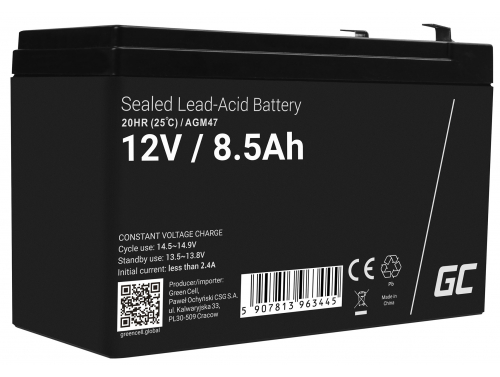 AGM GEL batteri 12V 8,5 Ah blybatteri Green Cell vedligeholdelsesfrit til UPS og overvågning