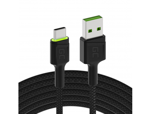 Kabel USB-C Type C 2m LED Green Cell Ray, med hurtig opladning, Ultra Charge, Quick Charge 3.0