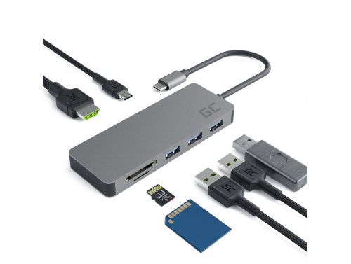 Adapter HUB USB-C Green Cell 7 i 1 (USB 3.0 HDMI 4K microSD SD) til Apple MacBook Pro, Air, Asus, Dell XPS, HP, Lenovo X1