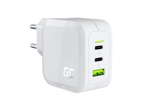Green Cell Hvid Netoplader 65W GaN GC PowerGan til Bærbar computer, MacBook, Iphone Tablet Nintendo Switch 2x USB-C 1x USB-A