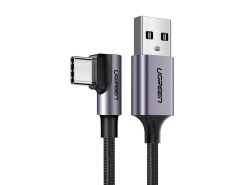 UGREEN Vinklet USB-A til USB-C Kabel, 3A, 200 cm, Quick Charge 3.0 hurtig opladning, Sort-sølv farve