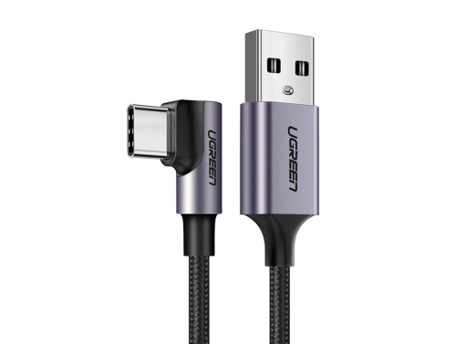 UGREEN Vinklet USB-A til USB-C Kabel, 3A, 200 cm, Quick Charge 3.0 hurtig opladning, Sort-sølv farve