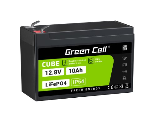 Green Cell CUBE LiFePO4 Batteri 10Ah 12.8V 128Wh Lithium-Jern-Phosphate til Strømforsyning og nødbelysning, Kontrolpaneler