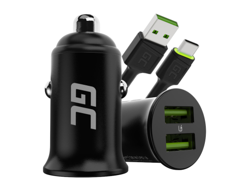 Green Cell Biloplader USB PowerRide Nano36, 2x USB-A, 36W med hurtig opladning Ultra Charge + LED Kabel USB-C 120cm