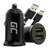 Green Cell Biloplader USB PowerRide Nano36, 2x USB-A, 36W med hurtig opladning Ultra Charge + LED Kabel USB-C 120cm