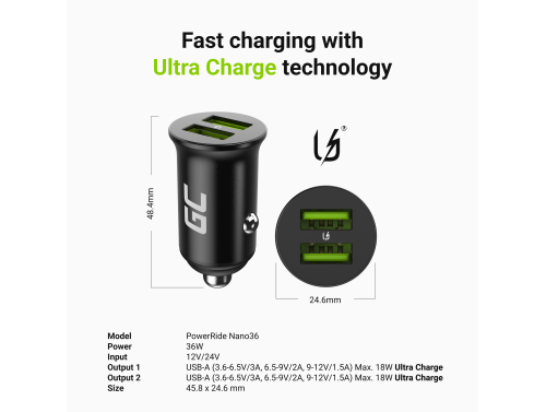 Green Cell Biloplader USB PowerRide Nano36, 2x USB-A, 36W med hurtig opladning Ultra Charge + 2x LED Kabel USB-C 120cm