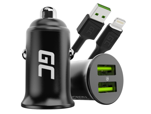 Green Cell Biloplader USB PowerRide Nano36, 2x USB-A, 36W med hurtig opladning Ultra Charge + LED Kabel Lightning 120cm