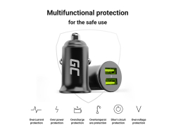 Green Cell Biloplader USB PowerRide Nano36, 2x USB-A, 36W med hurtig opladning Ultra Charge + LED Kabel Lightning 120cm