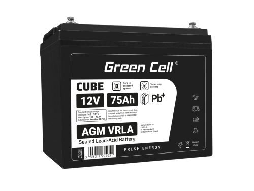 Green Cell CUBE AGM IP54 batteri AGM GEL 12V 75Ah blybatteri Green Cell vedligeholdelsesfrit til elmotor og autocamper