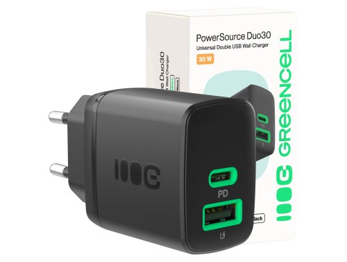 Green Cell PowerSource Duo30 oplader USB/USB-C sort, strømadapter 30 W med Power Delivery