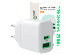 Green Cell PowerSource Duo30 oplader USB/USB-C hvid, strømadapter 30 W med Power Delivery