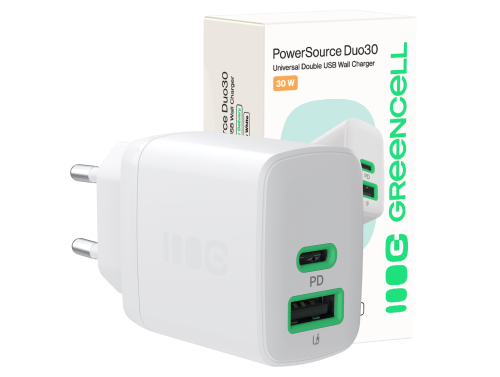 Green Cell PowerSource Duo30 oplader USB/USB-C hvid, strømadapter 30 W med Power Delivery