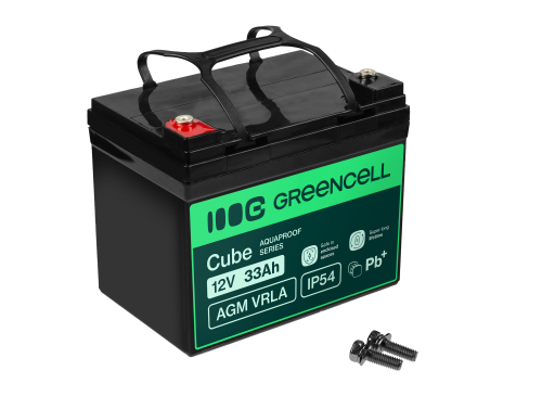 Green Cell Cube AGM VRLA IP54 12V 33Ah vedligeholdelsesfri batteri til plæneklipper, scooter, båd, kørestol