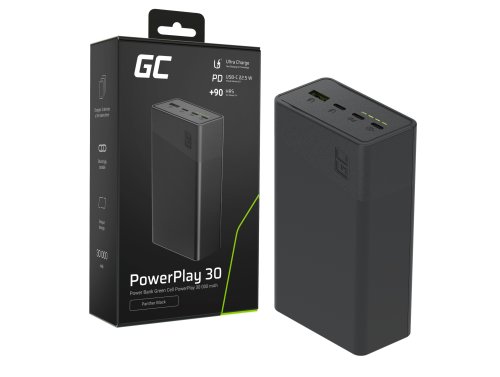Greencell PowerPlay 30 - sort powerbank med 30 000mAh, 22,5W, 4 porte