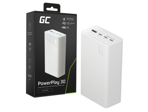 Greencell PowerPlay 30 - hvid powerbank med 30 000mAh, 22,5W, 4 porte